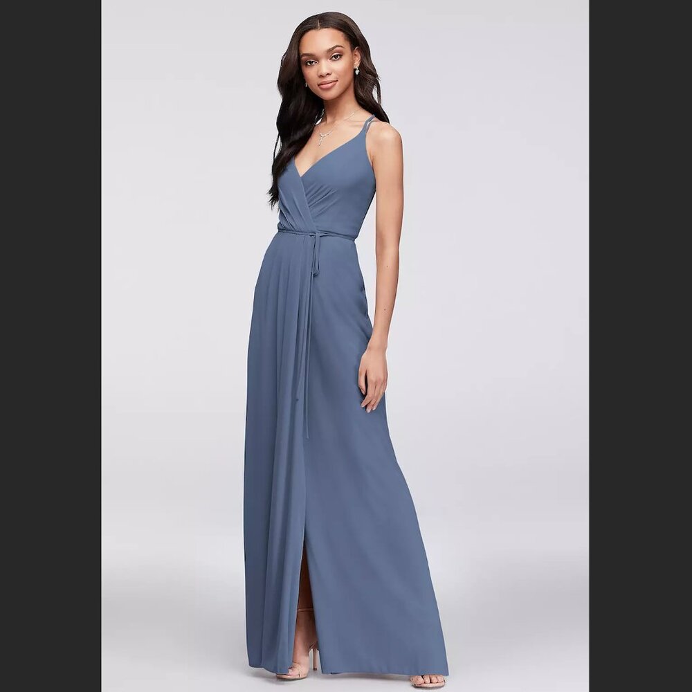 David's Bridal Steel Blue Bridesmaid "Double-Strap Georgette Wrap Dress" - Sz 4